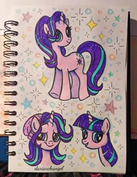 Size: 2573x3326 | Tagged: safe, artist:dariarchangel, starlight glimmer, pony, unicorn, g4, alternate hairstyle, beanie, bust, cute, glimmerbetes, hairstyle swap, hat, horn, photo, ponified humanized pony, portrait, shy, shy smile, sketchbook, smiling, traditional art, twilight mane, twilight sparkle hair, two toned mane