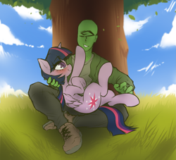 Size: 2181x1984 | Tagged: safe, artist:anonymous, twilight sparkle, oc, oc:anon, alicorn, human, pony, g4, blushing, clothes, comfy, cute, drawthread, duo, female, holding a pony, looking at each other, looking at someone, male, man, mare, outdoors, shoes, sitting, sitting on grass, smiling, smiling at each other, touching chin, tree, twiabetes, twilight sparkle (alicorn), under the tree, upside down