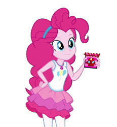 Size: 1308x1414 | Tagged: safe, artist:blockslikepl, edit, edited screencap, screencap, pinkie pie, human, equestria girls, g4, background removed, blue's clues, clothes, geode of sugar bombs, hand on hip, handy dandy notebook, holding, jewelry, magical geodes, necklace, not a vector, rah rah skirt, simple background, skirt, slender, solo, tank top, thin, transparent background