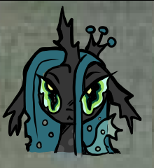 Size: 220x240 | Tagged: safe, artist:larvaecandy, part of a set, queen chrysalis, changeling, changeling queen, g4, :<, abstract background, big eyes, blue sclera, changeling horn, changeling wings, colored sclera, crown, eye clipping through hair, floppy ears, frown, green eyes, horn, jewelry, large horn, long ears, narrowed eyes, one wing out, regalia, solo, tiara, wings, zoomed in