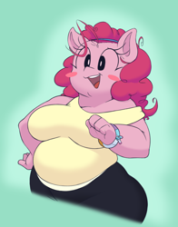 Size: 2244x2859 | Tagged: safe, artist:fourpundo, pinkie pie, earth pony, anthro, g4, bbw, blush sticker, blushing, bracelet, breasts, busty pinkie pie, chubby, fat, female, gradient background, green background, jewelry, mare, no sclera, pudgy pie, solo, spread legs, spreading