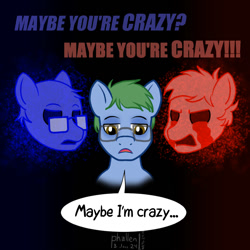 Size: 1000x1000 | Tagged: safe, artist:phallen1, oc, oc only, oc:software patch, earth pony, atg 2024, earth pony oc, glasses, gnarls barkley, inner demons, newbie artist training grounds, song reference, split personality, trio