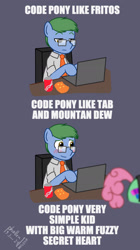 Size: 1000x1788 | Tagged: safe, artist:phallen1, oc, oc only, oc:software patch, oc:windcatcher, earth pony, atg 2024, chip bag, comic, computer, drink, duo, earth pony oc, jonathan coulton, laptop computer, necktie, newbie artist training grounds, simple background, soda can, song reference