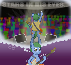 Size: 1000x924 | Tagged: safe, artist:phallen1, oc, oc only, oc:software patch, earth pony, atg 2024, bipedal, concert, crowd, earth pony oc, foreigner, guitar, imagine spot, music notes, musical instrument, newbie artist training grounds, song reference