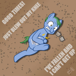 Size: 1000x1000 | Tagged: safe, artist:phallen1, oc, oc only, oc:software patch, earth pony, atg 2024, bald, broken glasses, crying, earth pony oc, glasses, gritted teeth, injured, lagwagon, lying down, newbie artist training grounds, older, on side, pain, solo, song reference, sweat, tears of pain, teeth, wrinkles