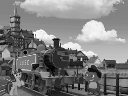 Size: 857x643 | Tagged: safe, editor:lbscr e2 100, twilight sparkle, alicorn, pony, g4, 0-6-0, black and white, brighton, grayscale, lbscr e2, little einsteins, locomotive, monochrome, quincy (little einsteins), steam locomotive, tank engine, train, twilight sparkle (alicorn)