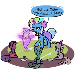 Size: 2000x2000 | Tagged: safe, artist:mafon, trixie, earth pony, pegasus, pony, unicorn, g4, atg 2024, birthday cake, birthday party, bowtie, cake, clown, clown nose, clown wig, dialogue, female, foal, food, hat, horn, lidded eyes, magic, magic show, mare, newbie artist training grounds, party, party hat, plushie, rainbow wig, red nose, simple background, sitting, telekinesis, transparent background, trixie is not amused, unamused