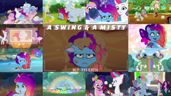 Size: 1970x1109 | Tagged: safe, edit, edited screencap, editor:quoterific, screencap, alphabittle blossomforth, misty brightdawn, pipp petals, queen haven, zipp storm, frog, pegasus, pony, unicorn, g5, my little pony: tell your tale, swing and a misty, spoiler:g5, spoiler:my little pony: tell your tale, spoiler:tyts02e14, camera, female, horn, lifejacket, male, mare, mud, muddy pipp, stallion
