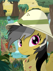 Size: 1521x2048 | Tagged: safe, artist:minecake, daring do, pegasus, pony, equestria at war mod, g4, bandana, bust, dried blood, forest, hat, jungle, nature, pith helmet, portrait, solo, spread wings, tree, wings