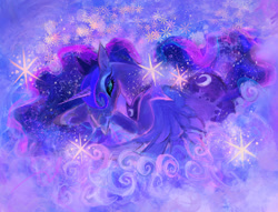 Size: 2604x1990 | Tagged: safe, artist:eyerealm, princess luna, alicorn, pony, g4, abstract, abstract background, blue eyes, blue eyeshadow, blue sclera, cloud, colored, colored eyelashes, crossed hooves, crown, ethereal mane, ethereal tail, eyelashes, eyeshadow, female, glowing, glowing eyes, head down, high res, hoof shoes, horn, jewelry, lidded eyes, long horn, looking at you, lying down, makeup, mare, mist, multicolored mane, multicolored tail, no mouth, no pupils, painterly, peytral, princess shoes, profile, prone, purple coat, purple eyelashes, regalia, solo, sparkles, starry mane, starry tail, stars, tail, thick eyelashes, tiara, unicorn horn, wavy mane, wavy tail, wings, wings down
