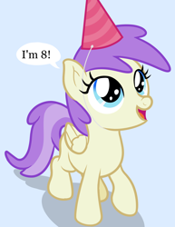 Size: 1350x1750 | Tagged: safe, artist:nitei, alula, pluto, pegasus, pony, g4, atg 2024, birthday, dialogue, female, filly, foal, hat, looking up, math joke, newbie artist training grounds, open mouth, party hat, solo, talking