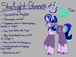 Size: 2048x1542 | Tagged: safe, artist:femurthechangeling, starlight glimmer, pony, unicorn, g4, alternate cutie mark, alternate hairstyle, alternate universe, asexual, autism, autism spectrum disorder, cloven hooves, coat markings, colored hooves, crooked horn, cutie mark, female, genderfluid, gray background, headcanon, hooves, horn, implied changeling, implied lesbian, implied shipping, implied twilight sparkle, implied twistarlight, lgbt, lgbt headcanon, looking at you, magic, mare, mixed pronouns, neurodivergent, pink hooves, pronouns, raised hoof, reference sheet, savant syndrome, signature, simple background, socks (coat markings), solo, unshorn fetlocks, wall of tags, weird horn