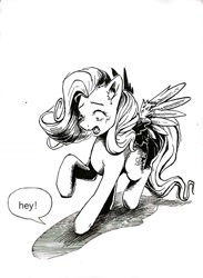 Size: 1080x1475 | Tagged: safe, artist:ph平和, fluttershy, pegasus, g4, adorable distress, cute, manga, monochrome, raised hoof, scared, scene interpretation, shadow, simple background, solo, speech bubble, spread wings, traditional art, white background, wings