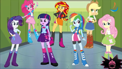 Size: 1281x720 | Tagged: safe, artist:qbert2kcat, applejack, fluttershy, pinkie pie, rainbow dash, rarity, sunset shimmer, twilight sparkle, human, equestria girls, g4, eqg promo pose set, female, low quality