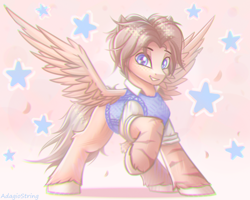 Size: 2500x2000 | Tagged: safe, artist:adagiostring, oc, oc only, pegasus, pony, clothes, cute, jacket, looking at you, male, pegasus oc, raised hoof, short hair, smiling, smiling at you, solo, spread wings, stallion, stallion oc, standing, stars, wings