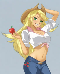 Size: 648x792 | Tagged: safe, artist:voldarian, applejack, human, equestria girls, g4, apple, belly button, breasts, cleavage, clothes, cutie mark on clothes, female, food, freckles, front knot midriff, gray background, grin, humanized, midriff, simple background, smiling, solo