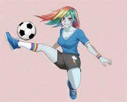 Size: 800x640 | Tagged: safe, artist:voldarian, rainbow dash, human, equestria girls, g4, ball, breasts, cleavage, clothes, cutie mark on clothes, female, football, grin, kicking, pink background, simple background, smiling, solo, sports