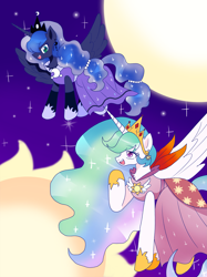 Size: 3135x4186 | Tagged: safe, artist:ruto_me, princess celestia, princess luna, alicorn, pony, g4, clothes, crown, dress, duo, female, high res, hoof shoes, jewelry, mare, moon, peytral, princess shoes, regalia, royal sisters, siblings, sisters, sun