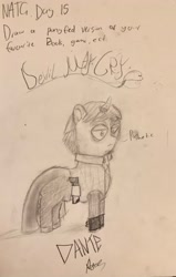 Size: 2544x3995 | Tagged: safe, artist:goldenmidnight, pony, unicorn, clothes, dante (devil may cry), devil may cry, horn, monochrome, newbie artist training grounds, pathetic, ponified, shadows, signature, solo, traditional art, unique horn
