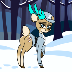 Size: 2388x2397 | Tagged: safe, artist:steelsoul, oc, oc:elain olsen, deer, reindeer, equestria at war mod, antlers, blue eyes, butt, clothes, commission, deer oc, doe, female, forest, forest background, looking at you, looking back, looking back at you, military uniform, nature, non-pony oc, olenia, plot, reindeer antlers, scar, scarred, snow, soldier, solo, tree, uniform, winter