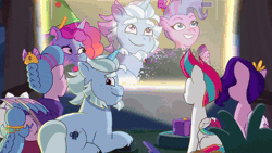 Size: 800x450 | Tagged: safe, screencap, alphabittle blossomforth, cloudpuff, misty brightdawn, pipp petals, queen haven, zipp storm, firefly (insect), insect, pegasus, unicorn, g5, my little pony: tell your tale, swing and a misty, spoiler:g5, spoiler:my little pony: tell your tale, spoiler:tyts02e14, animated, campfire, crown, cushion, cutie mark, gif, headband, horn, jewelry, lake, outdoors, projector, rebirth misty, regalia, sitting, smiling, tent, water, youtube link