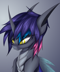 Size: 2500x3000 | Tagged: safe, artist:kirov, oc, oc only, oc:kaylan, changeling, dracony, dragon, hybrid, bust, changeling oc, fangs, gradient background, grin, high res, hybrid oc, portrait, smiling, solo