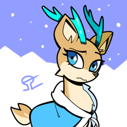 Size: 2480x2480 | Tagged: safe, artist:alvh-omega, oc, oc only, oc:elain olsen, deer, reindeer, equestria at war mod, antlers, blue eyes, clothes, coat, commission, countershading, deer oc, doe, female, nature, non-pony oc, olenia, reindeer antlers, snow, snowfall, solo, uniform