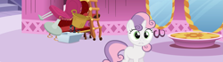 Size: 2899x814 | Tagged: safe, composite screencap, edit, edited screencap, screencap, sweetie belle, pony, unicorn, g4, hearts and hooves day (episode), carousel boutique, fainting couch, horn, kitchen sink, ladder, mirror