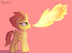 Size: 2700x2000 | Tagged: safe, artist:psychotix, spitfire, pegasus, pony, g4, female, fire, fire breath, lidded eyes, literal, mare, missing accessory, pun, side view, simple background, smug, solo, visual pun