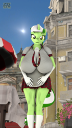 Size: 2160x3840 | Tagged: safe, artist:zgsfm, oc, oc only, oc:baetica castanets, unicorn, anthro, 3d, andalusia, big breasts, breasts, coat markings, female, food, horn, huge breasts, impossibly large breasts, looking at you, solo, spain, table, tray, waiter