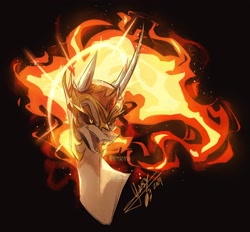 Size: 2048x1903 | Tagged: safe, artist:iheyyasyfox, daybreaker, alicorn, pony, g4, bust, curved horn, fangs, female, helmet, horn, lightly watermarked, long horn, mane of fire, mare, open mouth, sharp teeth, signature, solo, sternocleidomastoid, teeth, watermark