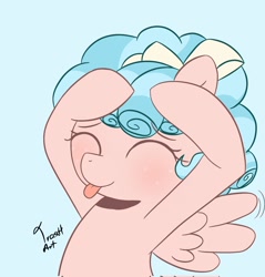 Size: 1959x2048 | Tagged: safe, artist:eltrash_art6, cozy glow, pegasus, pony, g4, :p, ah eto bleh, blue background, blushing, cozybetes, cute, eyes closed, female, filly, foal, meme, silly, simple background, solo, tongue out