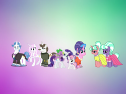 Size: 1314x986 | Tagged: artist needed, safe, anonymous artist, artist:aethon056, artist:dashiesparkle, artist:georgegarza01, artist:masem, artist:starryshineviolet, artist:vector-brony, cookie crumbles, fancypants, fleur-de-lis, hondo flanks, rarity, spike, stepford ponies, sweetie belle, dragon, earth pony, pony, unicorn, g4, aunt and niece, belle sisters, bowtie, clothes, cute, dragons riding ponies, dress, ear piercing, earring, family, father and child, father and daughter, female, filly, foal, gradient background, grin, headcanon, headcanon in the description, horn, jewelry, lesbian, looking at each other, looking at someone, male, mother and child, mother and daughter, necklace, open mouth, open smile, pearl necklace, piercing, raribetes, riding, riding a pony, ship:fancyfleur, ship:sparity, shipping, siblings, sisters, smiling, smiling at each other, son-in-law, spikabetes, spike riding rarity, stallion, straight, suit, sweater, uncle and niece