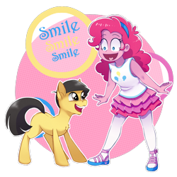 Size: 1120x1120 | Tagged: safe, artist:toxiccolour, pinkie pie, earth pony, pony, equestria girls, g4, anime, blank flank, chest fluff, clothes, crossover, duo, duo male and female, female, jyushimatsu, male, open mouth, osomatsu-san, ponified, sandals, simple background, skirt, smile smile smile, smile song, stallion, stockings, style emulation, tank top, thigh highs, transparent background