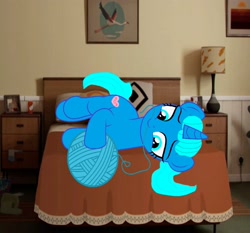 Size: 2336x2176 | Tagged: safe, artist:memeartboi, cat, cat pony, original species, pony, unicorn, g4, bedroom, behaving like a cat, bust, cute, desperation, female, funny, heart, horn, irl, mare, mother, motherly, nicole watterson, photo, pillow, ponified, portrait, relaxed, relaxing, solo, the amazing world of gumball, yarn, yarn ball