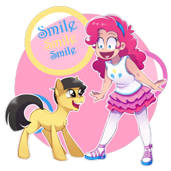 Size: 1120x1120 | Tagged: safe, alternate version, artist:toxiccolour, pinkie pie, earth pony, human, pony, g4, anime, blank flank, chest fluff, clothes, crossover, duo, duo male and female, female, human coloration, humanized, jyushimatsu, male, open mouth, osomatsu-san, ponified, sandals, simple background, skirt, smile smile smile, smile song, stallion, stockings, style emulation, tank top, thigh highs, transparent background