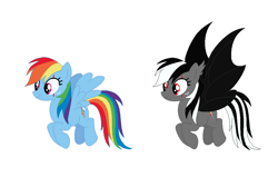 Size: 1055x669 | Tagged: artist needed, safe, alternate version, anonymous artist, artist:selenaede, rainbow dash, oc, oc:count dashula, bat pony, pegasus, pony, undead, vampire, g4, alternate, alternate design, alternate eye color, alternate mane color, base used, bat ponified, black and white mane, colored wings, cute, dashabetes, ear tufts, fangs, female, flying, freckles, headcanon, headcanon in the description, mare, race swap, rainbowbat, red eyes, scar, smiling, solo, spread wings, wings