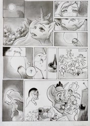Size: 1080x1515 | Tagged: safe, artist:ph平和, princess celestia, princess luna, lullaby for a princess, g4, comedy, comic, crying, drink, energy drink, grayscale, inception, monochrome, monster energy, spinning, traditional art