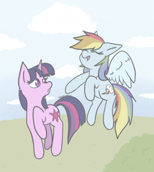 Size: 2127x2385 | Tagged: safe, artist:tkshoelace, rainbow dash, twilight sparkle, pegasus, pony, unicorn, g4, backwards cutie mark, cloud, duo, duo female, eyes closed, female, flying, grass, horn, laughing, pointing, raised leg, spread wings, wings