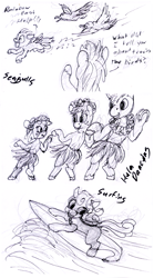 Size: 667x1200 | Tagged: safe, artist:sepiakeys, apple bloom, applejack, big macintosh, rainbow dash, scootaloo, sweetie belle, bird, earth pony, pegasus, pony, seagull, unicorn, g4, flying, horn, monochrome, scootaloo can fly, surfboard, surfing