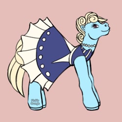 Size: 650x650 | Tagged: safe, artist:fluffyorange, eclair créme, earth pony, pony, g4, clothes, dress, female, jewelry, mare, necklace, pearl necklace, signature, simple background, smiling, solo, tail