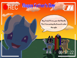 Size: 4320x3288 | Tagged: safe, jack pot, dog, labrador retriever, pony, unicorn, g4, australian cattle dog, bandit heeler, bluey, crossover, father's day, horn, pat (bluey), pride month