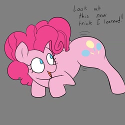 Size: 1155x1155 | Tagged: safe, artist:this_sl0th, pinkie pie, earth pony, pony, g4, balloonbutt, butt, butt shake, gray background, looking back, open mouth, open smile, simple background, smiling, solo, twerking