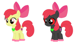 Size: 628x356 | Tagged: artist needed, safe, anonymous artist, artist:selenaede, apple bloom, earth pony, ghoul, pony, undead, zombie, zombie pony, story of the blanks, g4, alternate design, alternate eye color, apple bloom's bow, ballet slippers, base used, black iris, blanked apple bloom, bow, clothes, female, filly, foal, hair bow, headcanon, headcanon in the description, protected apple bloom, red eyes, scarf, simple background, smiling, solo, species swap, white background