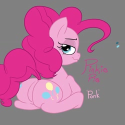 Size: 1155x1155 | Tagged: safe, artist:this_sl0th, pinkie pie, earth pony, pony, g4, balloonbutt, bedroom eyes, butt, featureless crotch, gray background, human shoulders, looking at you, looking back, looking back at you, lying down, plot, ponk, prone, simple background, solo