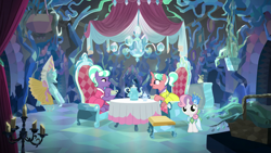 Size: 1279x719 | Tagged: artist needed, safe, anonymous artist, artist:magister39, edit, edited screencap, screencap, stepford ponies, sweetie belle, earth pony, pony, unicorn, g4, what lies beneath, aunt and niece, candle, chair, clothes, cup, cute, diasweetes, dress, dressup, duo, female, filly, foal, headcanon, headcanon in the description, horn, jewelry, looking at each other, looking at someone, mare, necklace, pearl necklace, smiling, smiling at each other, table, tea party, teacup, teapot, trio