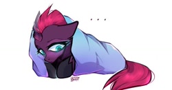 Size: 1200x628 | Tagged: safe, artist:enjaadjital, tempest shadow, pony, unicorn, g4, my little pony: the movie, ..., armor, blanket, blanket burrito, blush lines, blushing, broken horn, cute, female, floppy ears, horn, lying down, mare, signature, simple background, solo, white background, wrapped up