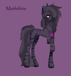 Size: 2480x2654 | Tagged: safe, artist:delicious, oc, oc only, oc:mathithiia, zebra, concave belly, jewelry, lanky, long legs, necklace, purple background, purple eyes, simple background, skinny, solo, tall, thin