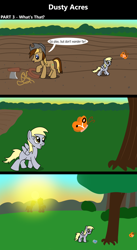 Size: 1920x3516 | Tagged: safe, artist:platinumdrop, derpy hooves, oc, oc:dusty hooves, butterfly, comic:dusty acres, series:technoverse, g4, commission, sun, sunrise