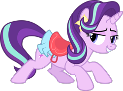 Size: 5829x4313 | Tagged: safe, artist:sollace, derpibooru exclusive, starlight glimmer, pony, unicorn, g4, .svg available, bedroom eyes, eyebrows, face down ass up, female, flower, flower in hair, grin, horn, looking back, mare, raised eyebrow, saddle, simple background, smiling, solo, svg, tack, transparent background, vector